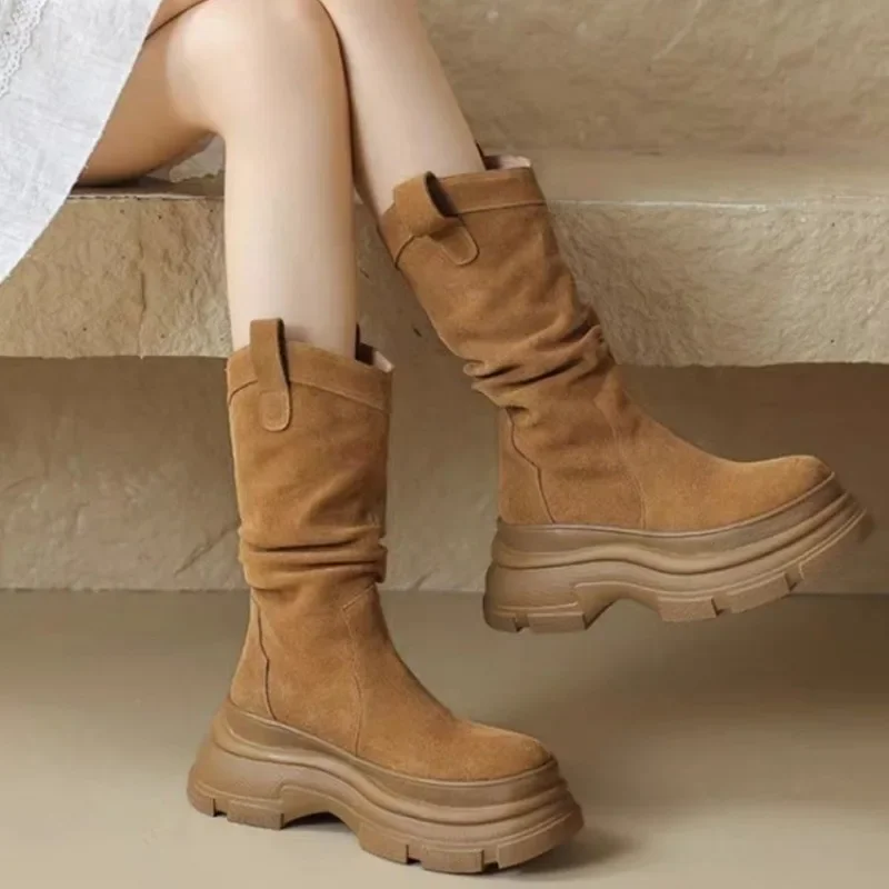 British Style Brown Soft Leather Platform Boots 2023 Winter Retro High Heels Sloping Pleated Long Boots Cotten Shoes for Women