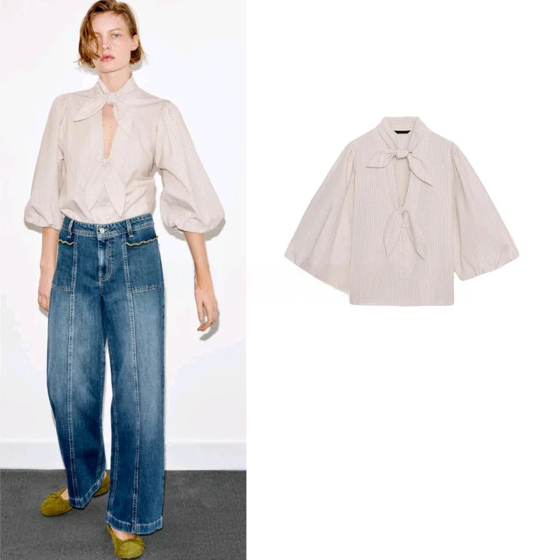 

Весенняя новинка: Женская повседневная блузка с пышными рукавами, в полоску, с бантом, воротником-стойкой, свободного кроя, из полиэстера