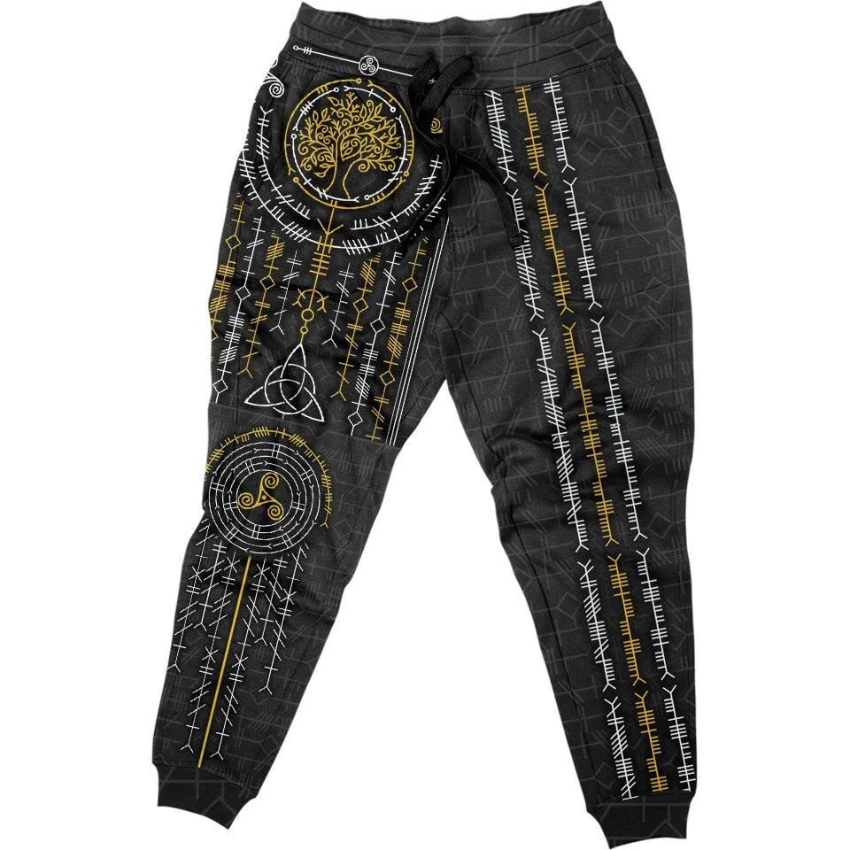 Pantalones casuales con estampado 3D de árbol de la vida retro vikingo para hombre, pantalones cálidos de moda para otoño e invierno, pantalones de chándal con cordón