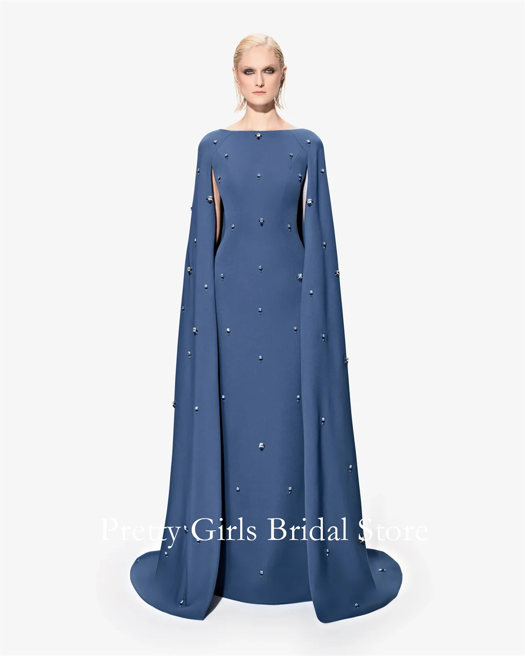 Crepe Blue Color Arabic Boat Neckline Crystal Cape Dress Prom Dress Customized Formal Prom Growns Party Women Bride