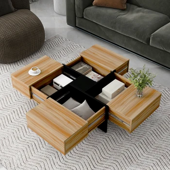 Image Unique Design Coffee Table with 4 Hidden Storage Compartments, Square Cocktail Table with Extendable Sliding Tabletop