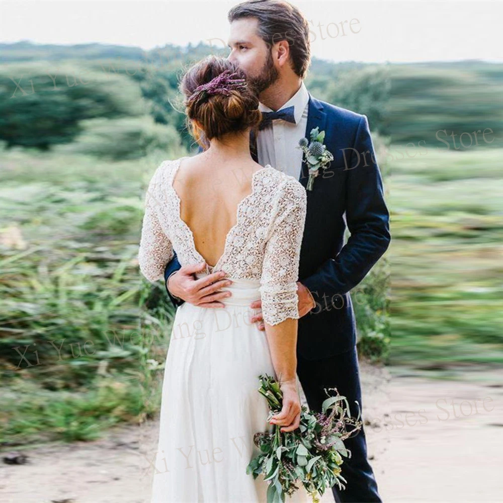 Vestidos de casamento chiffon para mulheres, vestidos de noiva sem costas elegantes e bonitos, encantadores de renda princesa