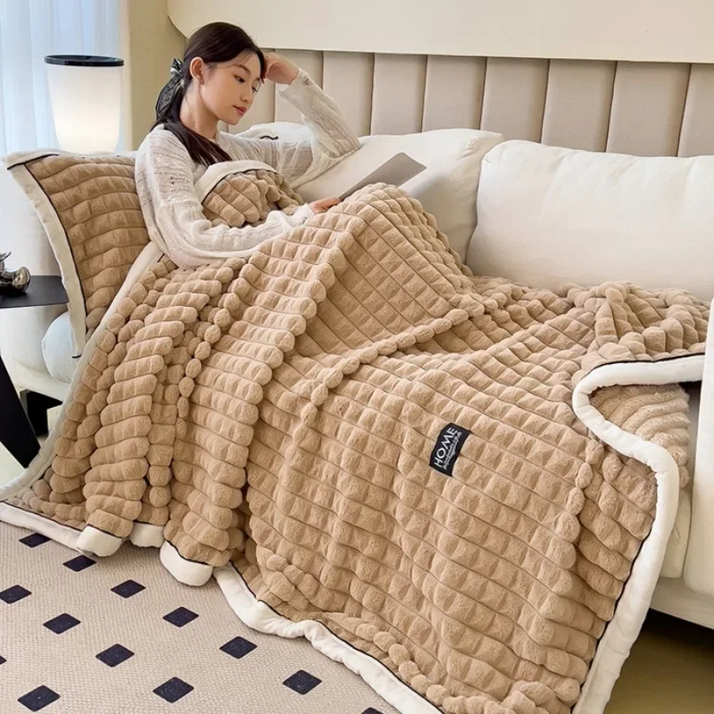 Thicken Solid Colour Double Layer Throw Blanket Soft Warm White Striped Office Nap Sofa Blankets Queen Double Fluffy Bed Plaid