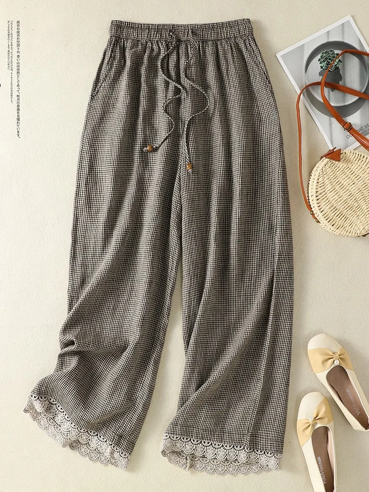 Casual Cotton Linen Plaid Wide Leg Pants Women Summer Thin High Waist Draped Loose Nine Points Lace  Trousers Vintage Style