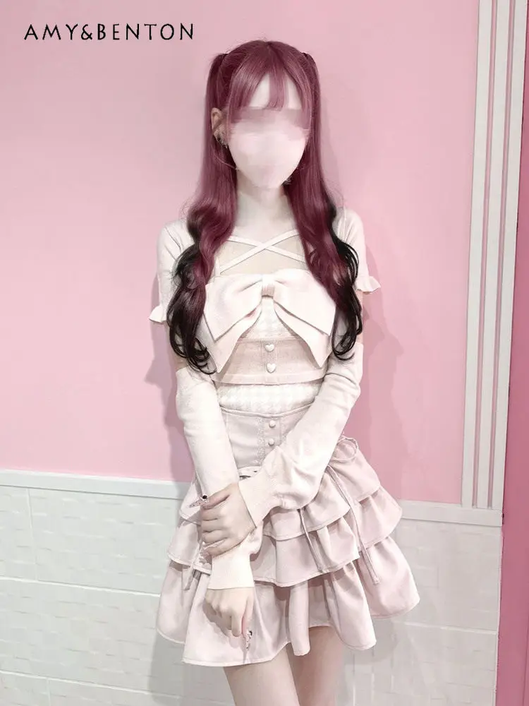 甘いキュートなレースハイウエストパフスカート和風かわいい蝶ネクタイ痩身多層ミニスカートAラインスカート女性用