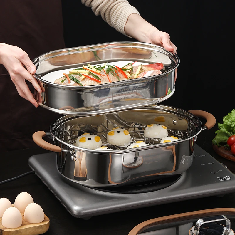 316 stainless steel fish steamer household oval multi-function thickeneded single-layer double-layer steamer electromagnetic gas universal