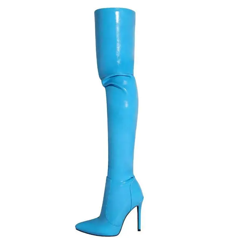 Turquoise Blue Stiletto High Heels Thigh Boots Pointed Toe Patent Leather Knight Boots Woman Zipper Side Street Outfit Botas