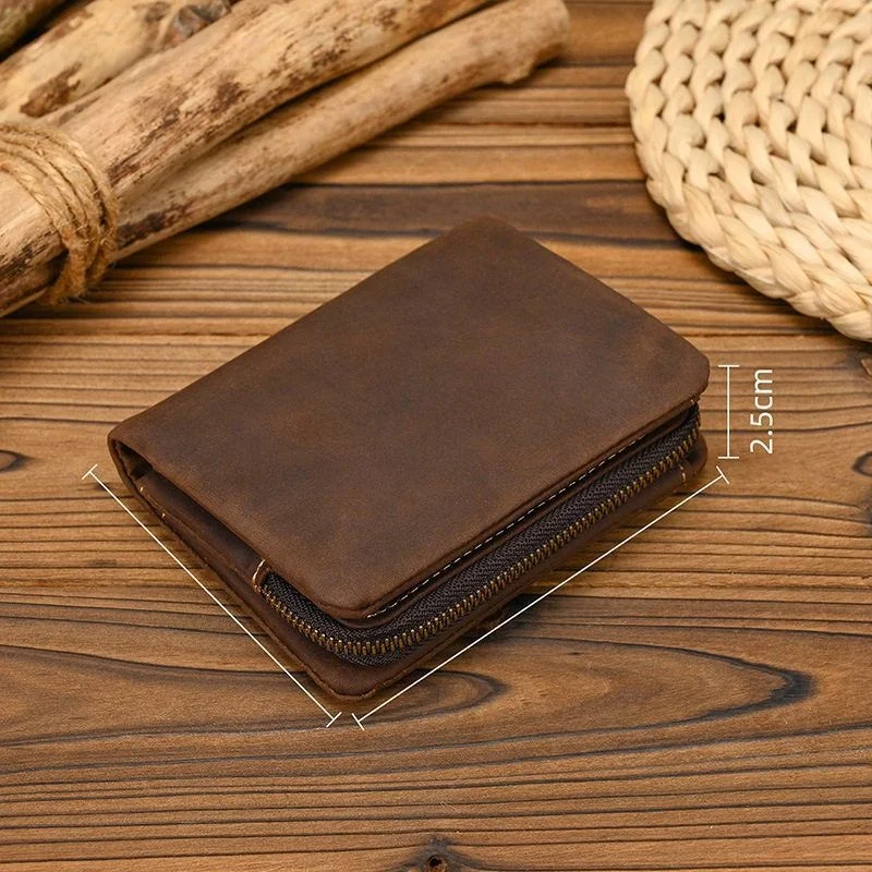Retro Genuine Leather Short Wallet with Zipper Coin Pocket Button Money Clip Compact Leather Purse