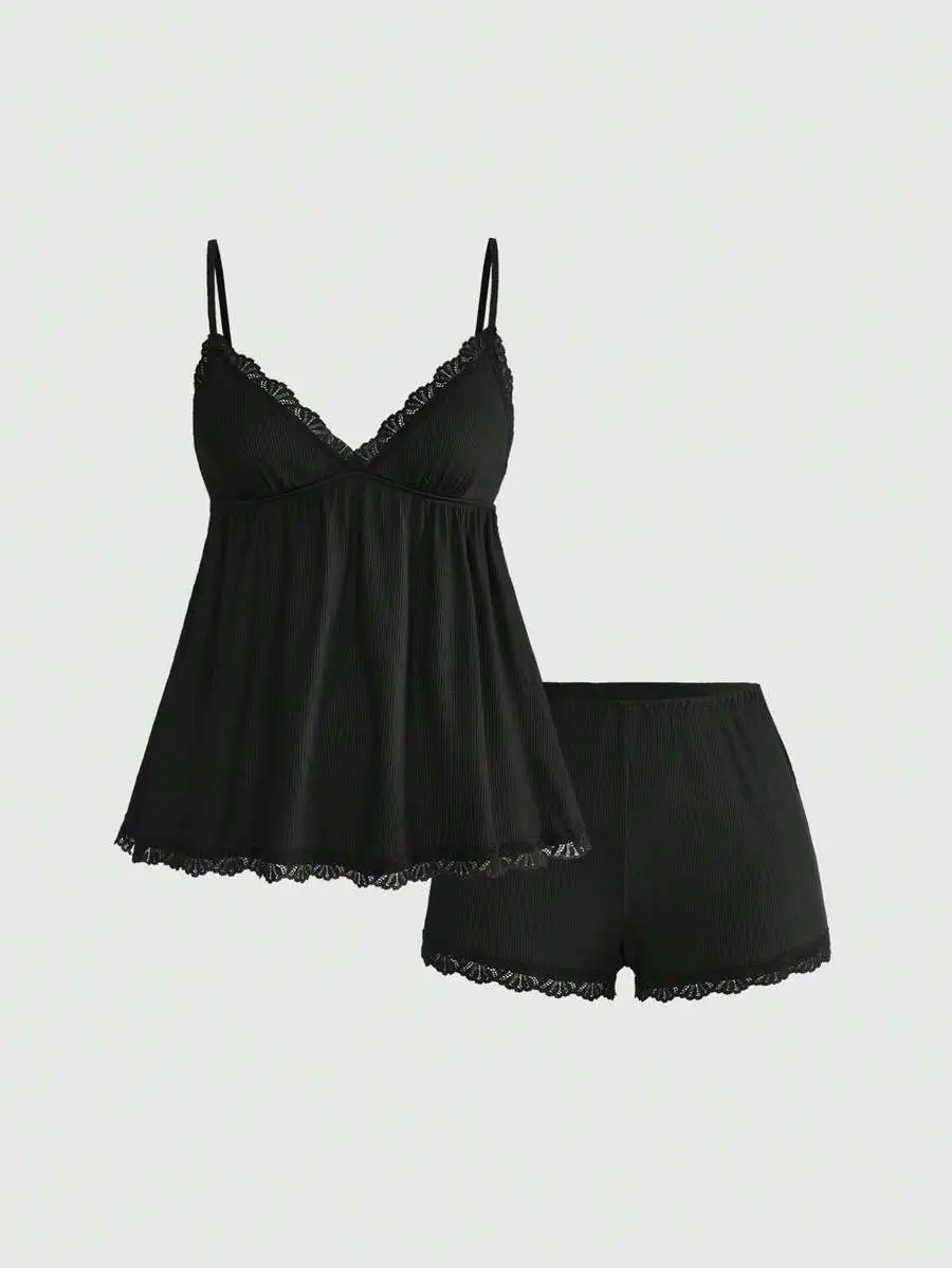 

Womens Summer Lace Trim Camisole Top And Shorts Pajama Set
