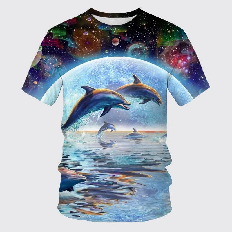 Summer New Cute Dolphin Pattern Men's Printed T-shirt Street Popular Harajuku Round Neck Plus Size Fashion Top Short Sleeve