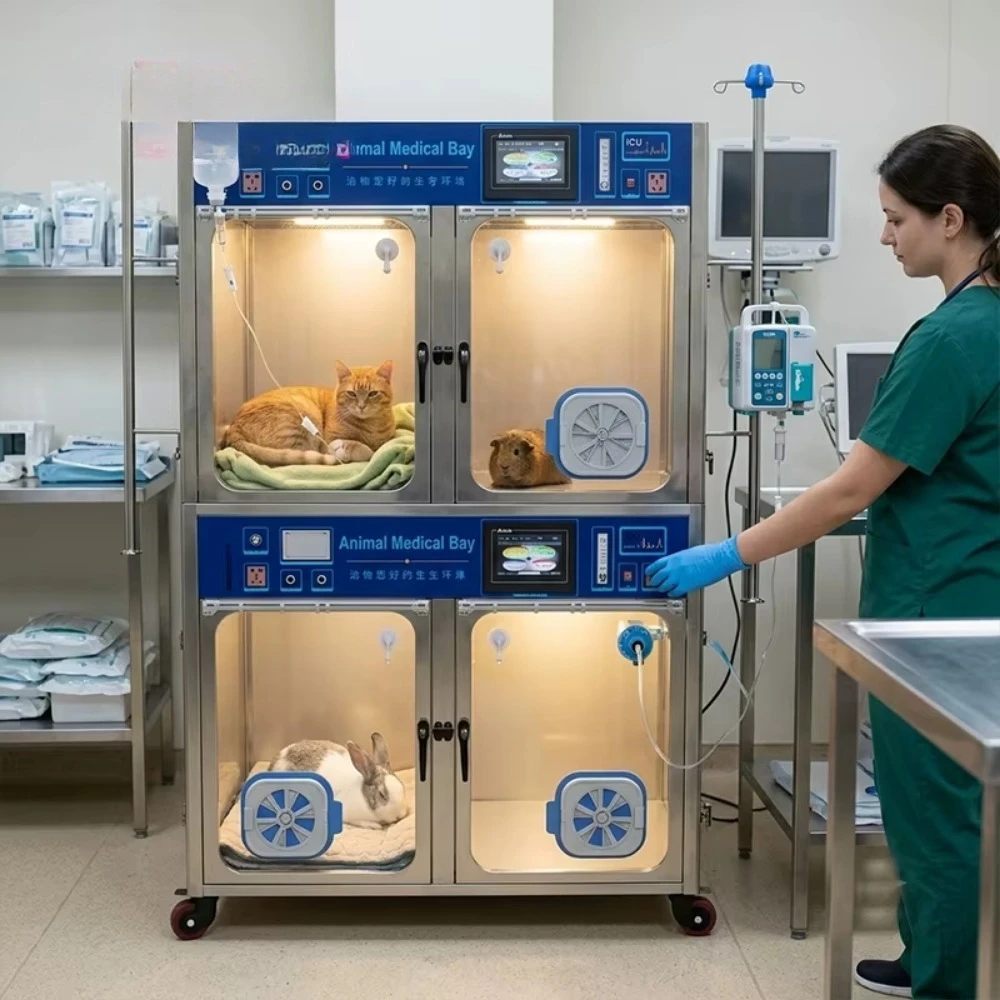 Four-unit stainless steel electric pet ICU cage 3D cycle temperature-controlled oxygen chamber disinfection negative ions