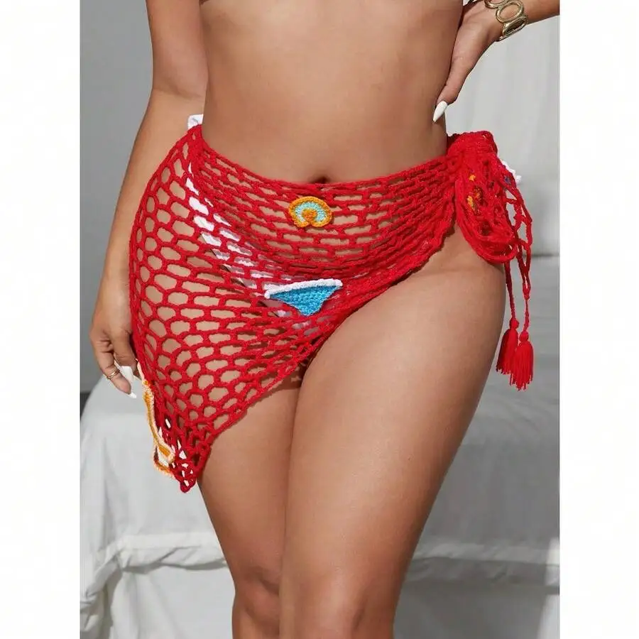Crochet See Through Sarong Cover Up For Women Beach Vacation Tie Side Mini Skirt