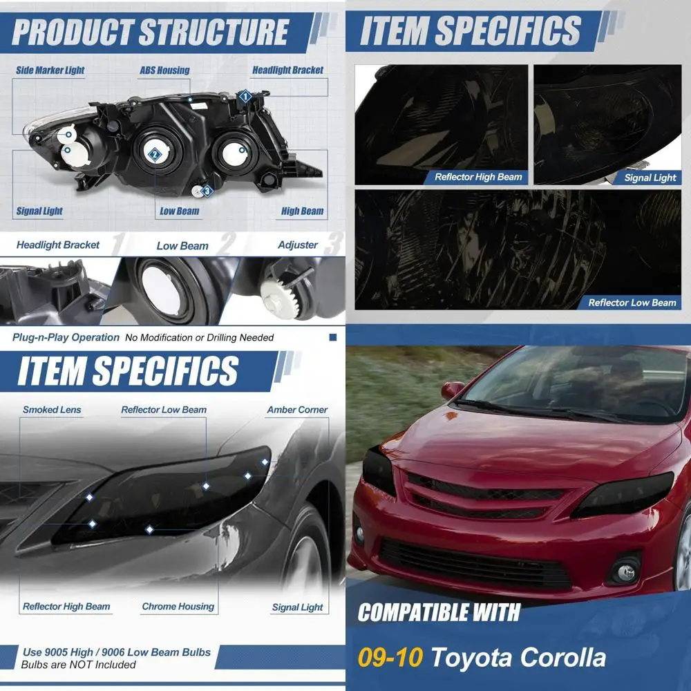 

Headlights Assembly Compatible with 2009 2010 Toyota Corolla Sedan, Driver and Passenger Side Halogen Headlamps Replacement, OE