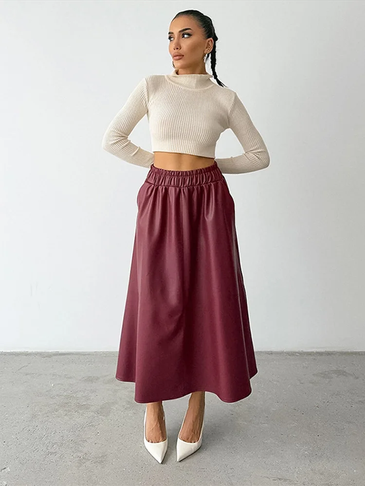 Vintage Leather Skirts Women Loose Elastic Waist Wide Leg Mid Length Skirt Female 2025 Spring Autumn Fashion New Lady Outwears ﻿