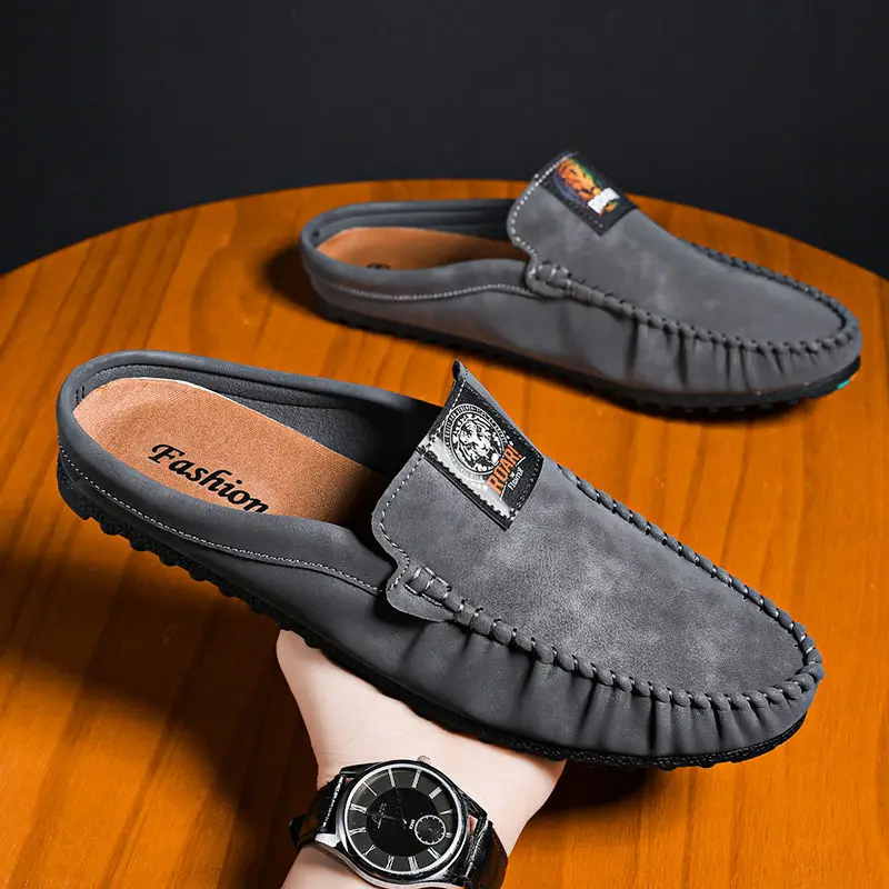 Leather Men\'s Shoe Male Slipper Mules Outdoor Slides Flat Half Cheap Shoes Liquidation Low Price Trend 2024 Summer Sale Fashion