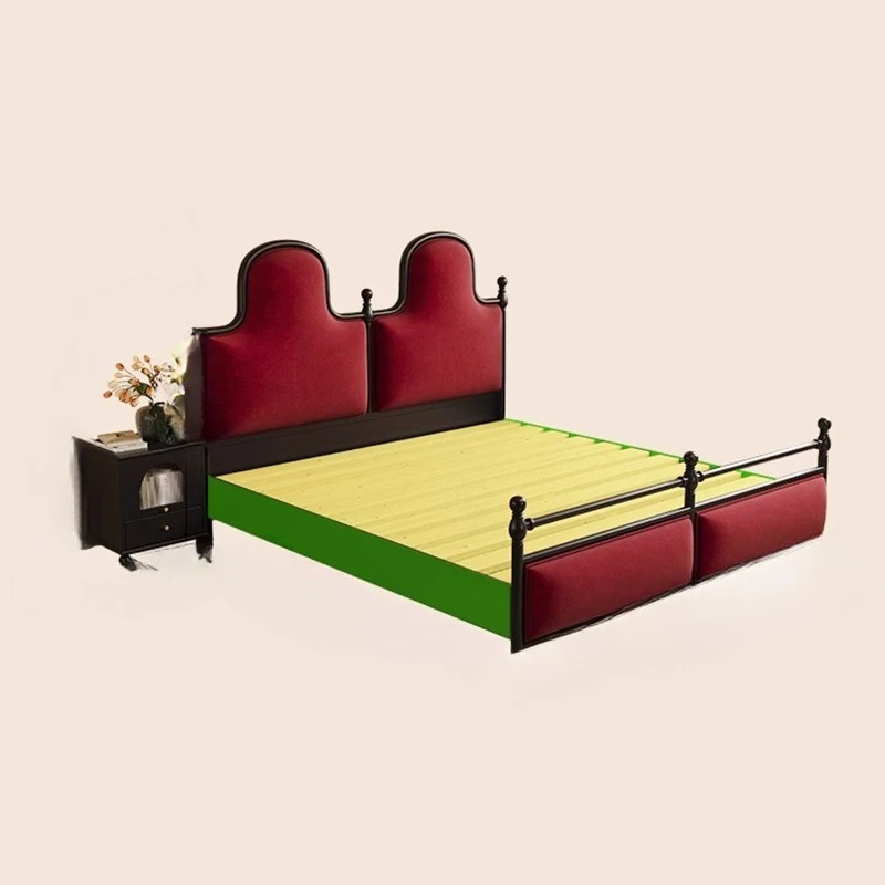 

Medieval flannel leather art bed, red French retro style master bedroom bed