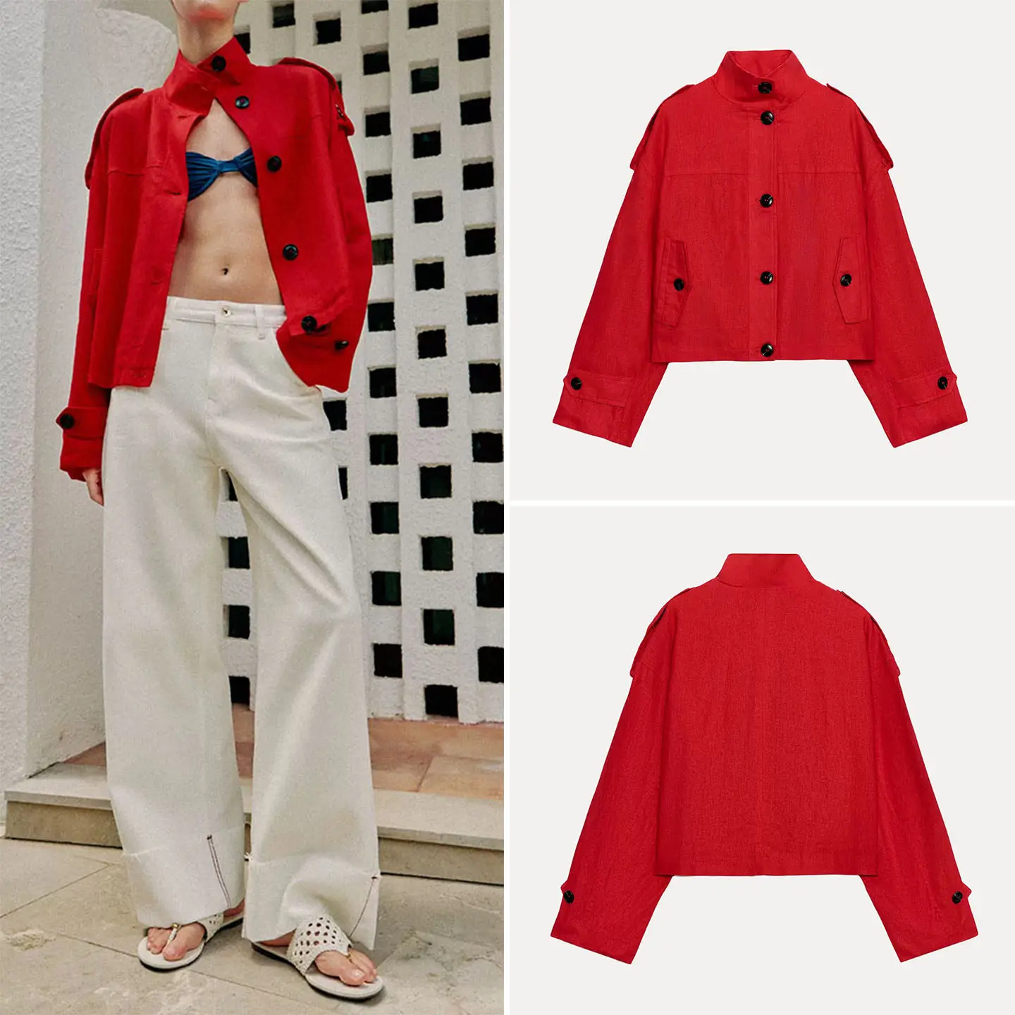 

Casual Red Long Sleeve Stand Collar Jacket Women's Spring Summer New Style ZADATA Standard Fit Outerwear with Belt Detail