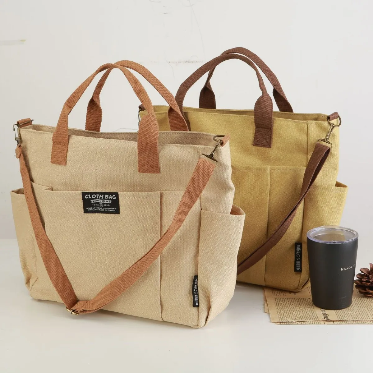 Thickened Canvas Shoulder Bags for Women Casual Student Ladies Laptop Tote Book Handbags Simple Multipocket Men Crossbody Bag