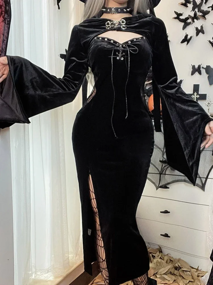 Black Gothic Y2k Two Piece Set Women Designer Elegant Dress Suit Female Winter 2024 Long Sleeve Hooded Shawl + Open Fork Dress