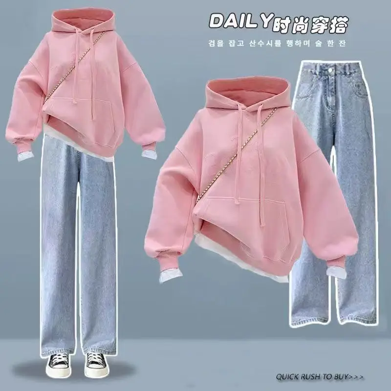 Frühling und Herbst Set Damen koreanische Loose Fit zweiteilige bedruckte Kapuzen pullover weites Bein Jeans zweiteilige Set Mode