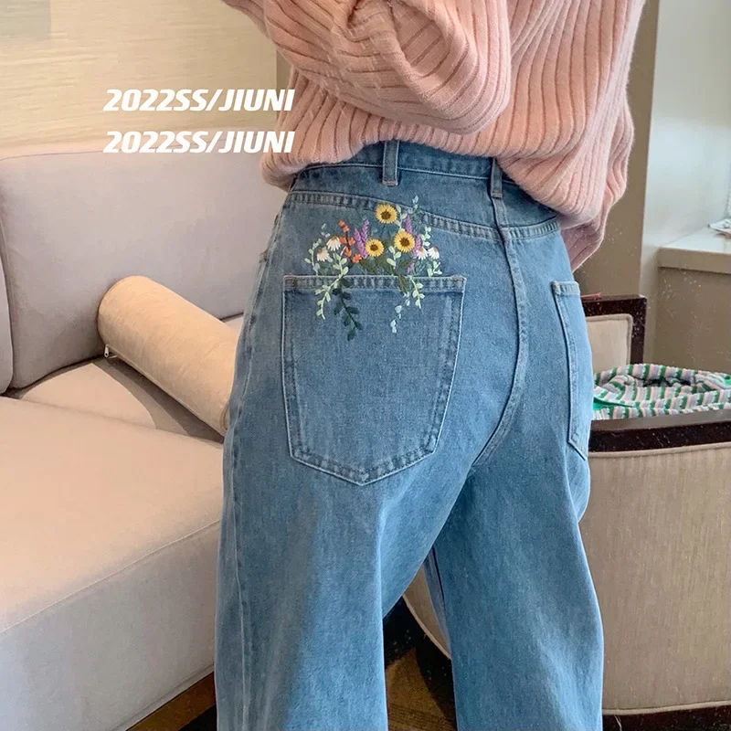 Vintage Floral Embroidery High-Waisted Jeans Women's Straight-Leg Loose-Fit Petite Bell Bottoms New Spring 2022 Style