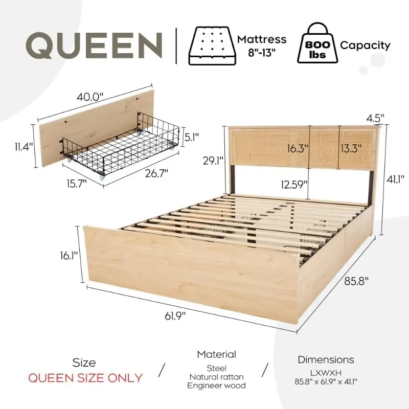 Yechen Queen Bed Frame Natural Rattan Headboard and 4 Storage Drawers,Metal Platform with Strong Wooden Slats Suppor