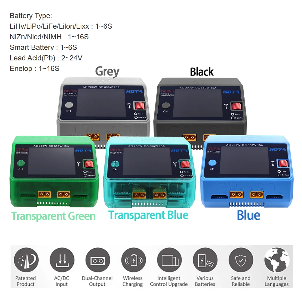 HOTA D6 Pro AC 200W DC 650W 15A 2X325W 2X15 ACharger With Wireless Charging for NiZn/Nicd/NiMH Battery RC Drone Spares