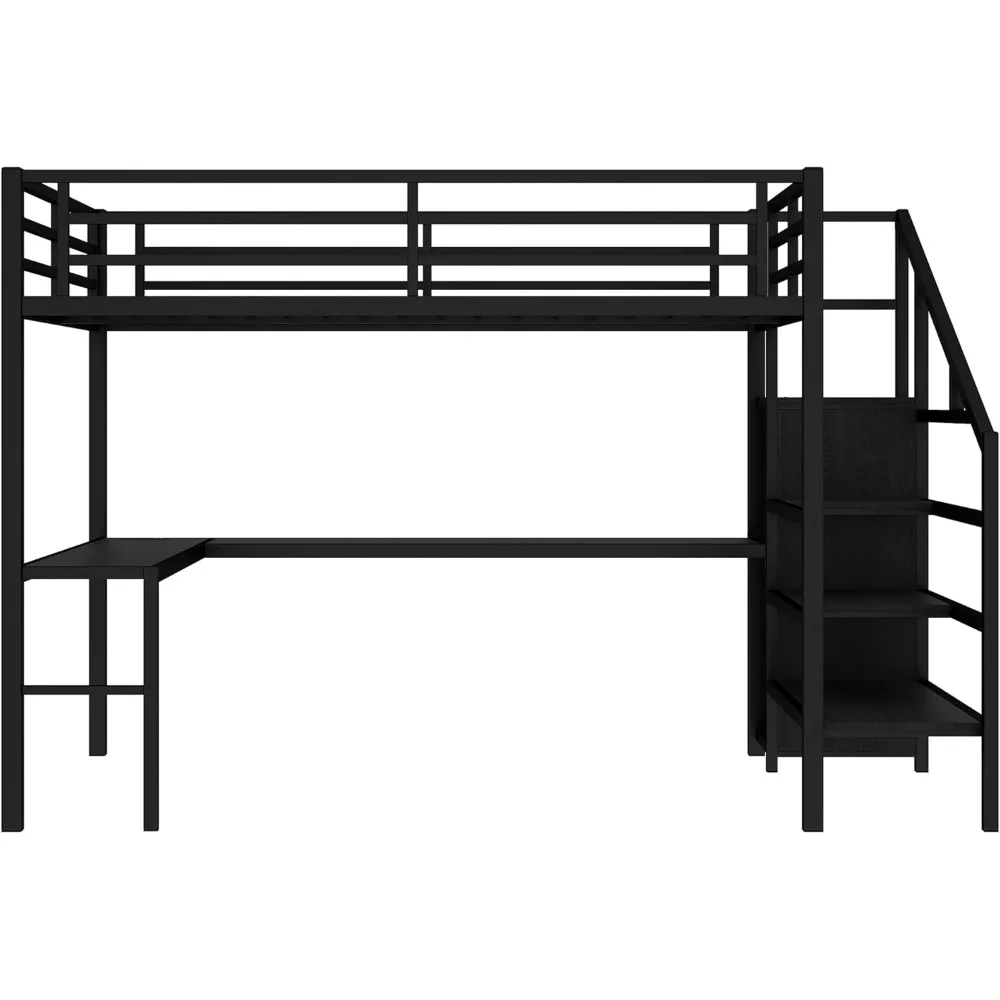 Letto a soppalco matrimoniale in metallo con scrivania e armadio a forma di L, luci a LED, porte USB, struttura letto salvaspazio per camere da letto moderne