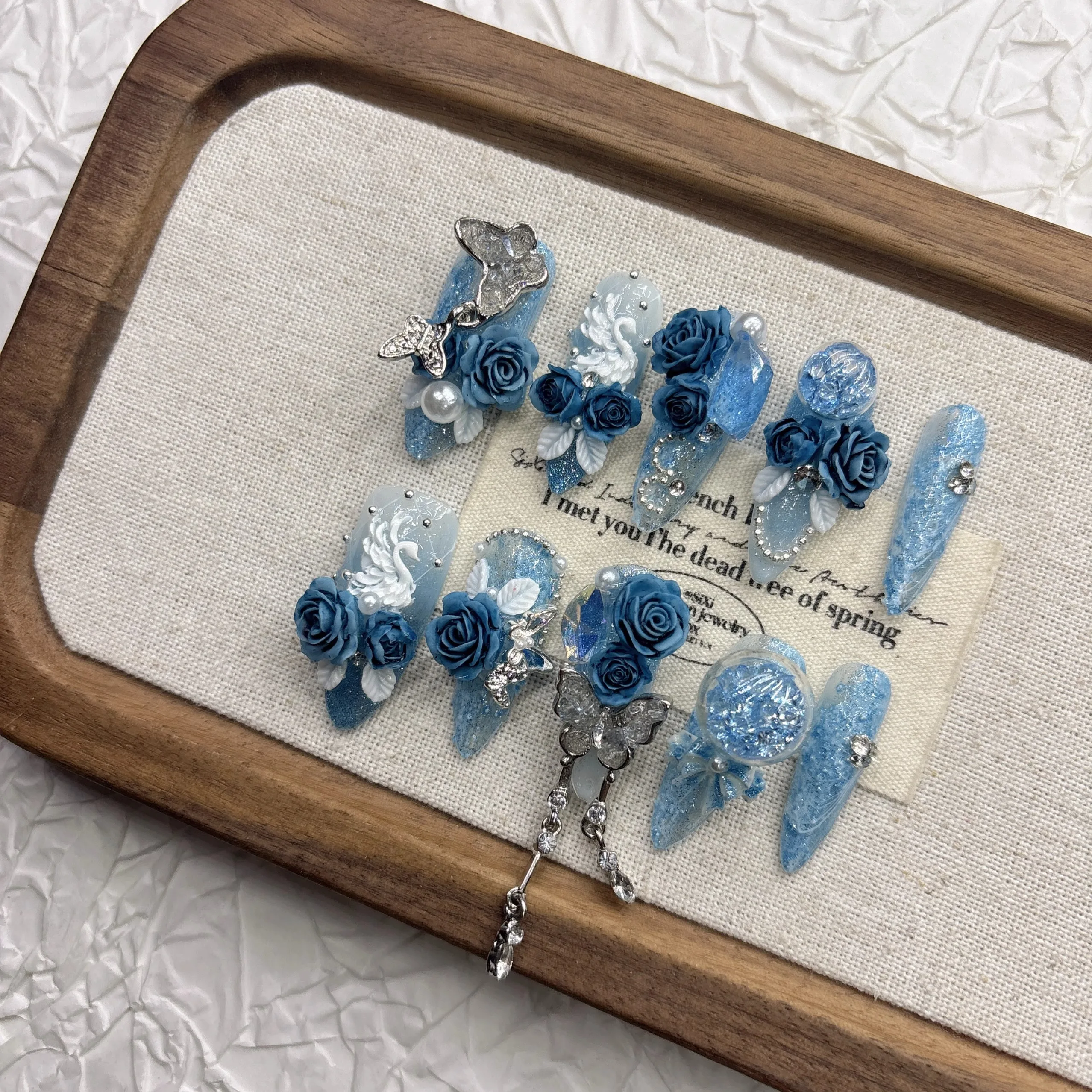 Fairy Princess Gel Nails: 3D Blue Rose, Crystal Butterfly, Silver Chain on Ombre Ice Blue - Ultra Thin & Strong