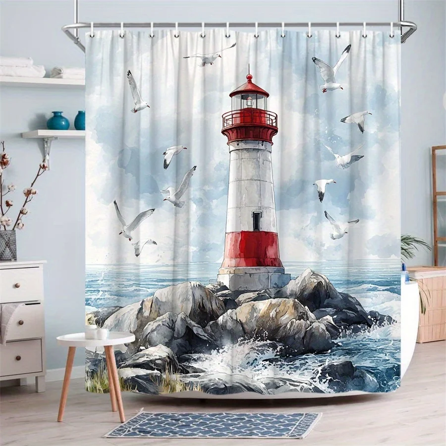 lighthouse and seagulls shower curtain coastal watercolor art design for seaside bathroom decor with hooks Simple Installation