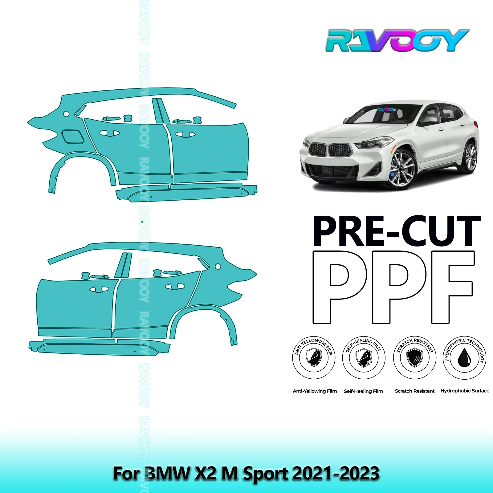

For BMW X2 M Sport 2021-2023 8.5mil Clear Matte Pre-Cut PPF Door & A/B Pillar Kit TPU Paint Protection Film Set