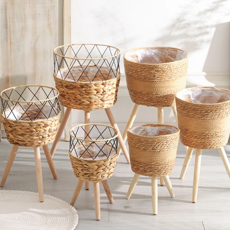 Handwoven Plant Basket Wooden Rack Indoor Outdoor Planter Stand Garden Flowerpots Storage Container for Plantable Decor