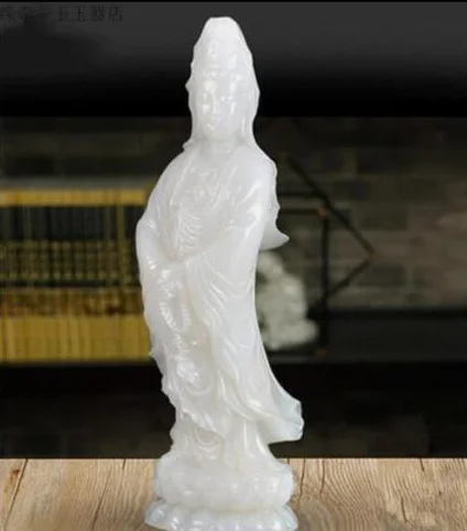 8 Natural White Jade Avalokiteshvara Kwan-yin Qua Guan Yin Goddess Buddha Statue