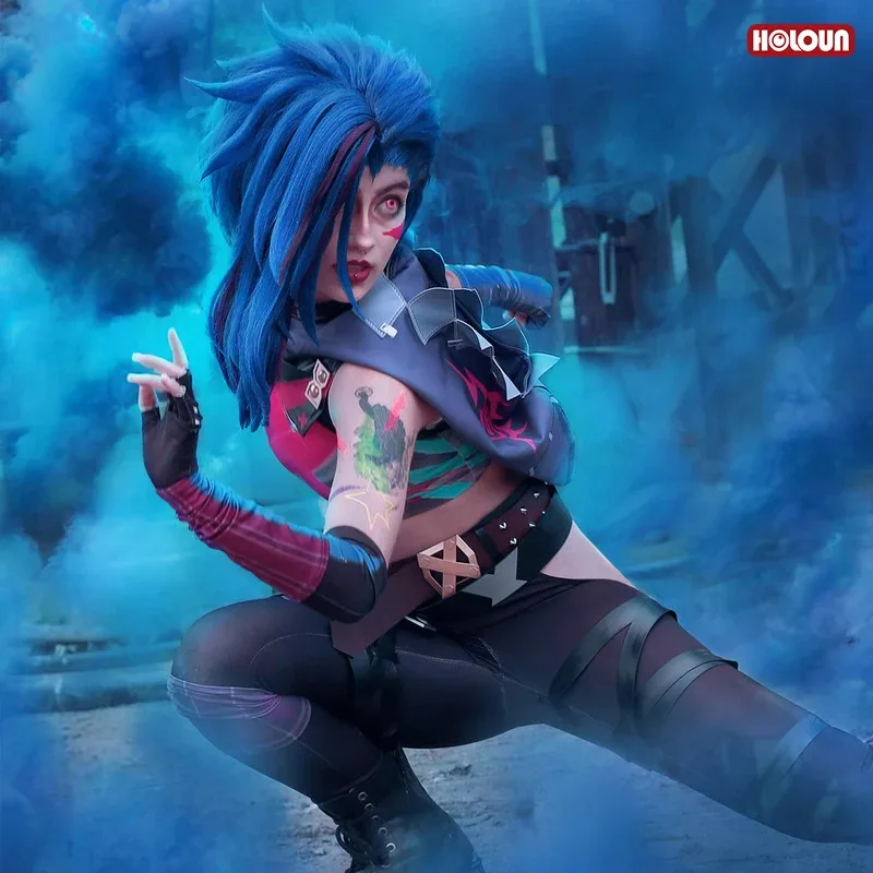 

qa156HOLOUN LOL Game Jinx Косплей Костюм Парик Жилет с каракулями Брюки Шляпа Наряд Хэллоуин Рождественский подарок Cos Convention