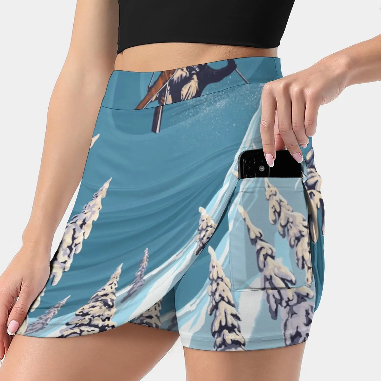 Retro Ski Jumper Heli Ski Poster Art Women'S Summer Fake Two Piece Skirts Casual Sports Beach Skirt Girl Skorts Retro Ski Art