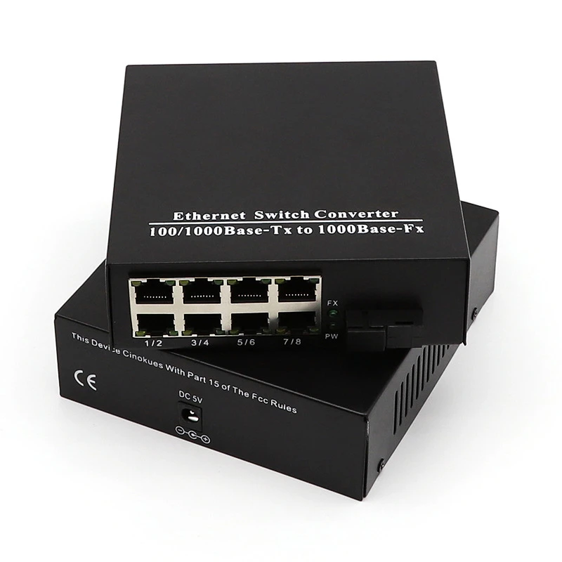 HTOC 8 Port RJ45 Gigabit Ethernet Fiber Transceiver SC Interface 10/100/1000M Single Mode Single Fiber (3KM)