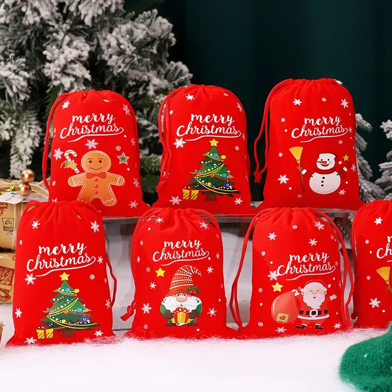 5/10pcs Cute Red Santa Claus Snowman Drawstring Bags Gingerbread Candy Gift Packaging Bag for Merry Christmas Theme Party Decor