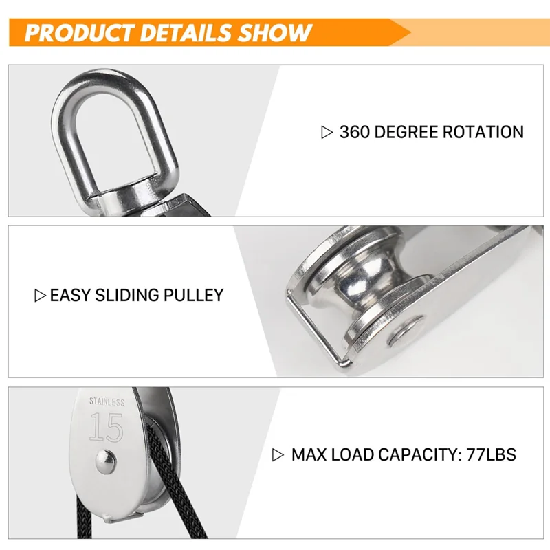

AA76-M15 Stainless Steel Pulley System Kit-Heavy-Duty Pulley Wheel, Pulley Block With Nylon Rope, For Lifting, DIY Projects Dura