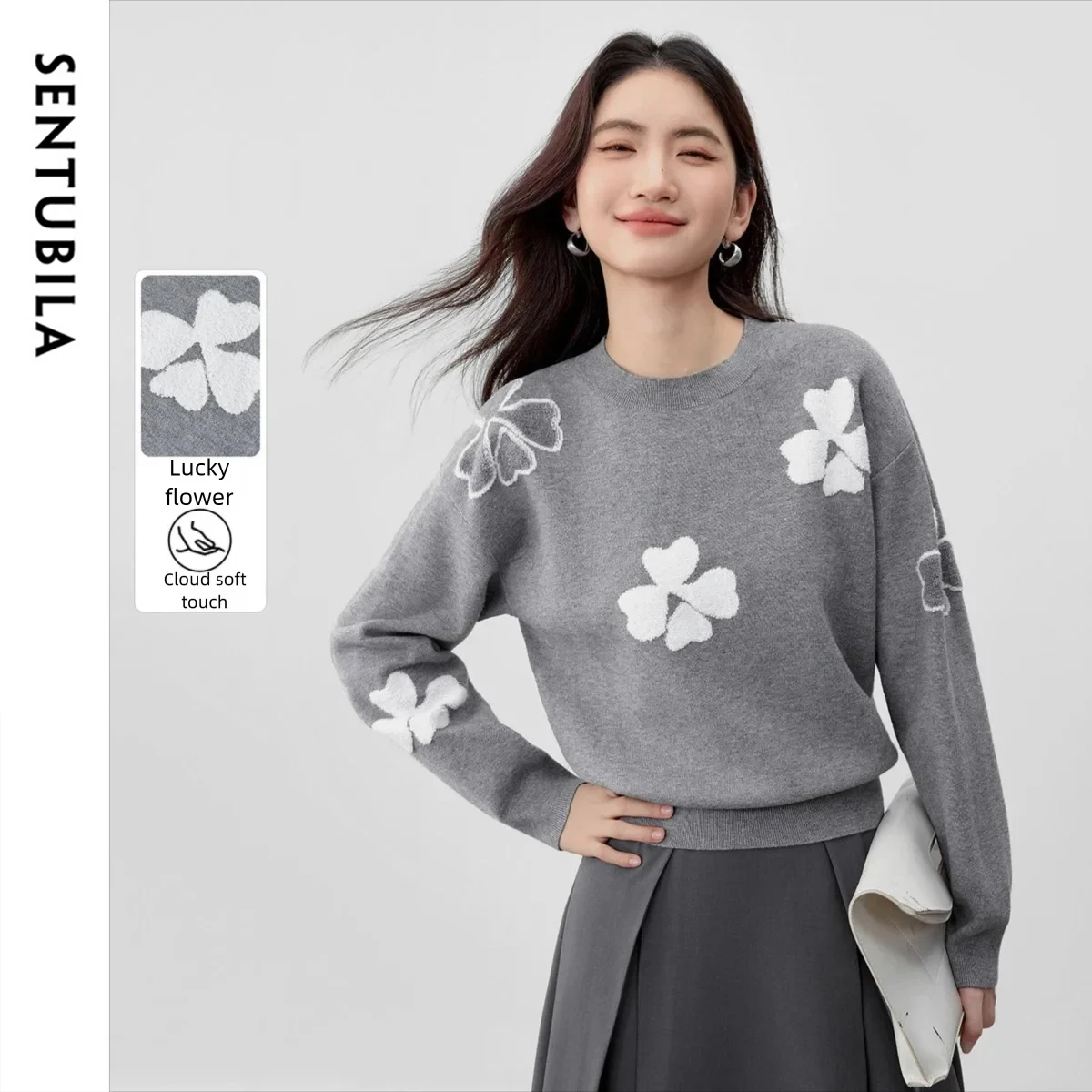 

SENTUBILA женский пуловер с цветочным принтом Lucky контрастного цвета, осень 2024, вязаный повседневный свободный топ с круглым вырезом и круглым вырезом W53EE2844