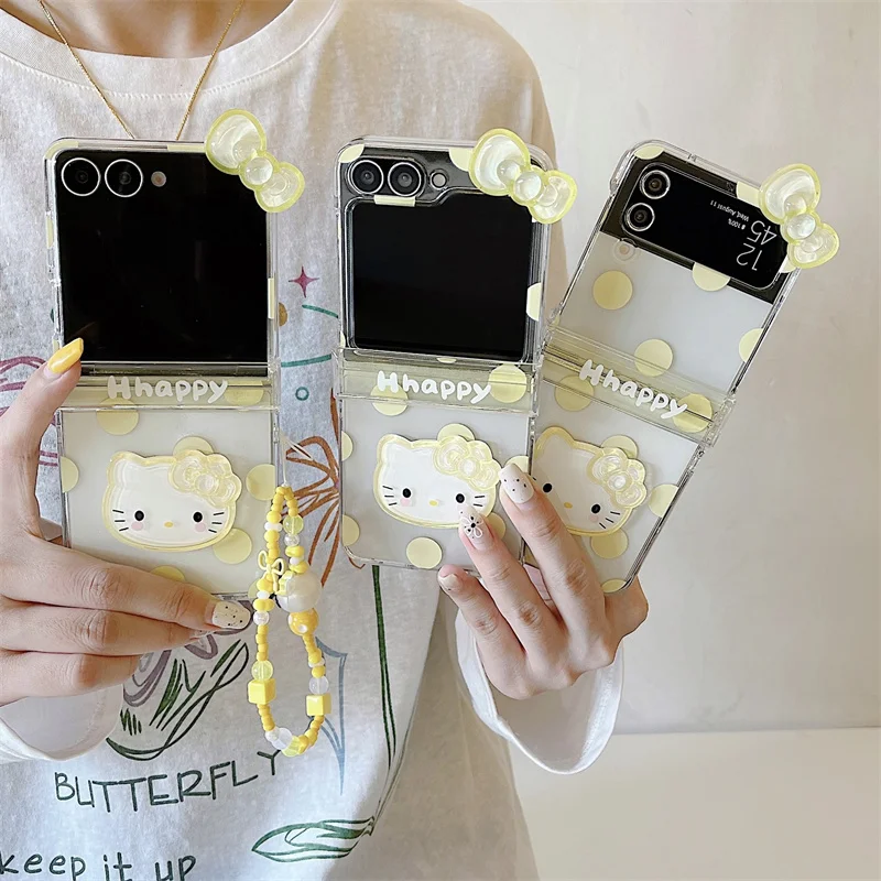 

Kawaii Cartoon 3D Bow Hellokitty Phone Case For Samsung Galaxy Z Flip 7 6 5 4 3 ZFlip7 ZFlip6 Cover with Chain Cute Cases