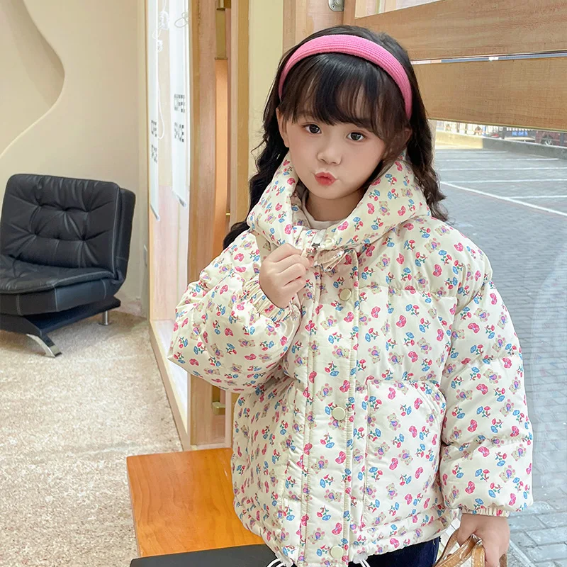 Girls' Floral Hooded Down Padded Jacket Korean Version Children's Winter Coat Children's Anti-fouling Padded Baby Jacket