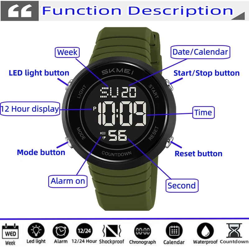 SKMEI Fashion Student Digital Watches Man Waterproof Shockproof Outdoor Sports Countdown Alarm Electronic Men Wristwatches