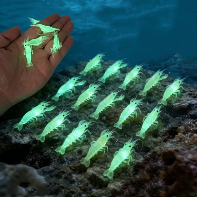 16 leurres souples lumineux en forme de crevettes, appâts artificiels en silicone qui brillent dans le noir avec hameçons, pour la pêche en eau douce et salée