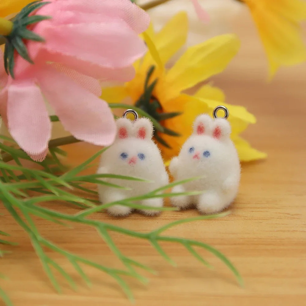 

20Pcs 3D Cute Mini Cartoon Flocking Rabbit Resin Charms Plush Animal Pendant For Bag Keychain Earring DIY Crafts Jewelry Make