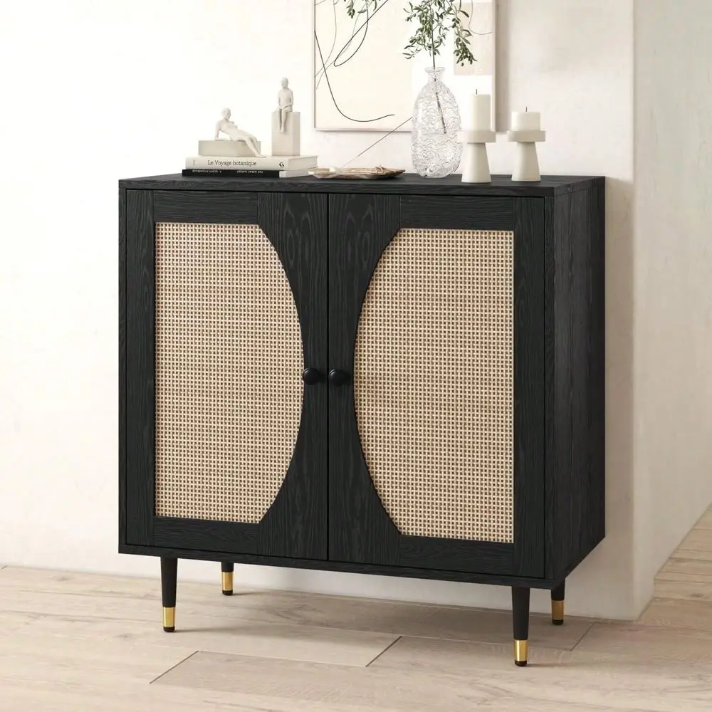 Rattan Sideboard With Natural Rattan Doors, Buffet Sideboard Cabinet, Black Rattan Console Table With Storage, Modern Accent Bu