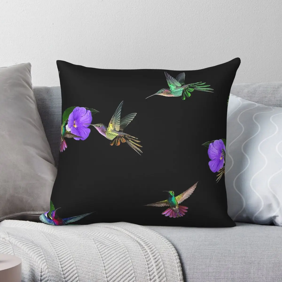 Hummingbirds Flowers Black Square Pillowcase Polyester Linen Velvet Creative Zip Decorative Pillow Case Bed Cushion Case