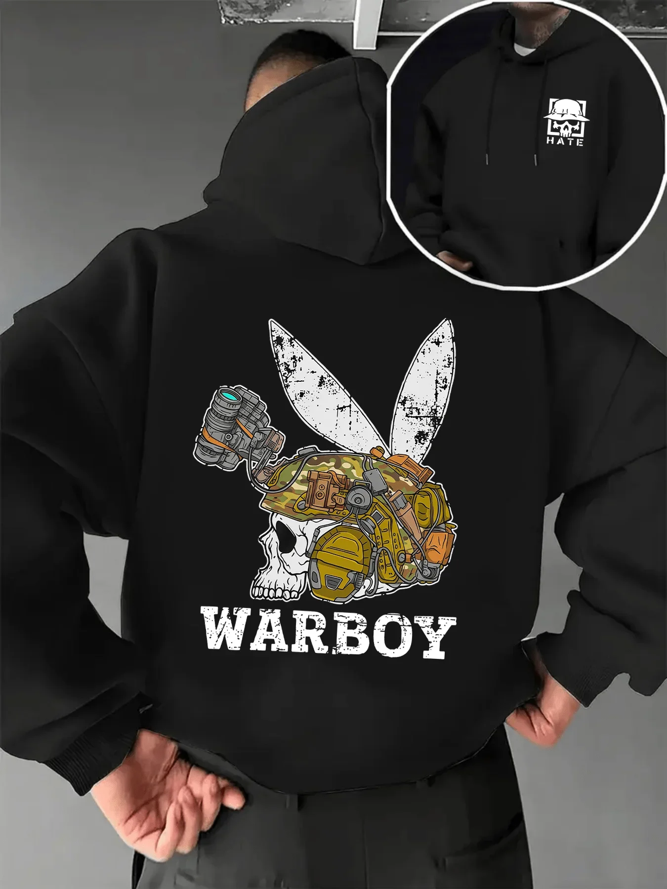 Men Warboy Hoodie Tactical Skull Bunny Ear Vintage Distressed Graphic Print Loose Fit Streetwear Pullover Sweatshirt Autumn