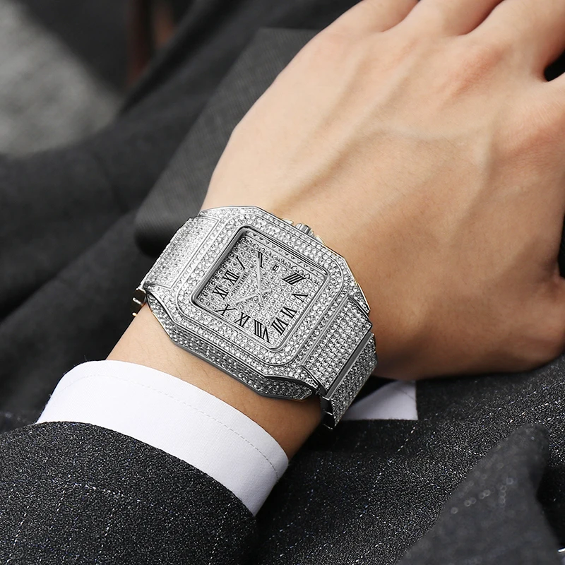 PINTIME Brand Square Men Quartz Watch  Ice Out  Luxury Full Diamond  Ultra Thin Waterproof Hip Hop Wristwatch Popular Item