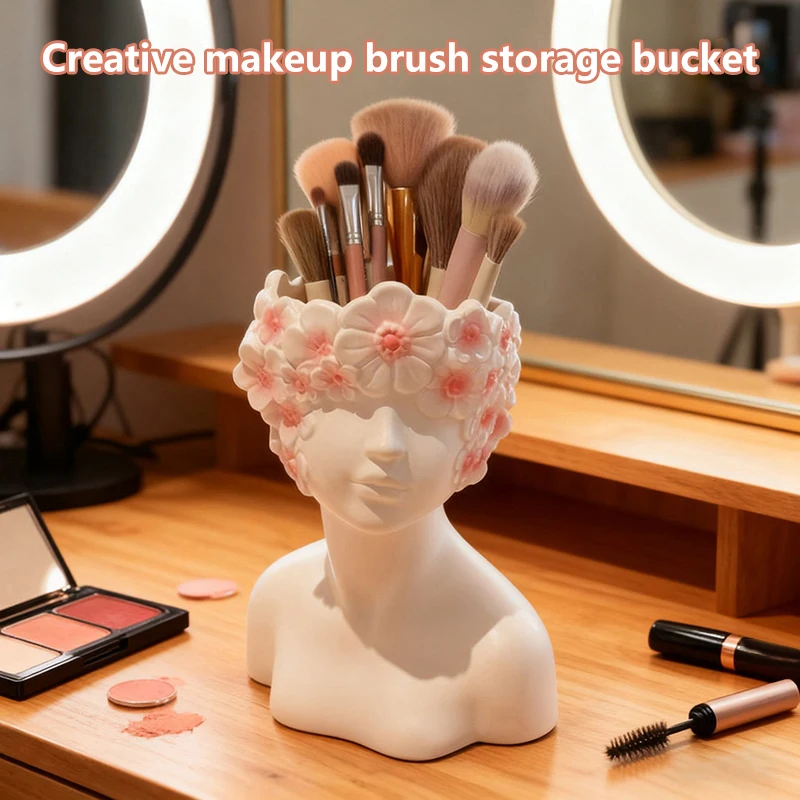 Soporte artístico para brochas de maquillaje con perfil de chica, jarrón organizador de cosméticos de escritorio estético para decoración de tocador de pinceles y bolígrafos | 、12025E⚡