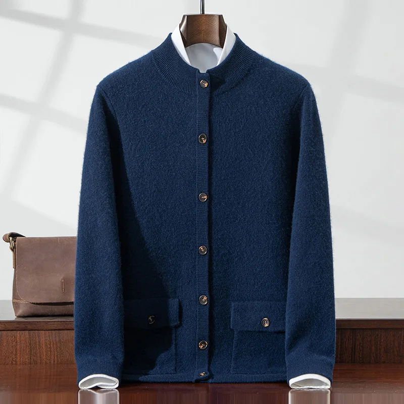 

Осень-зима, новый кардиган из 100% чистого кашемира, мужской утолщенный свитер с воротником-стойкой, пальто, свободная вязаная базовая рубашка с карманами на пуговицах